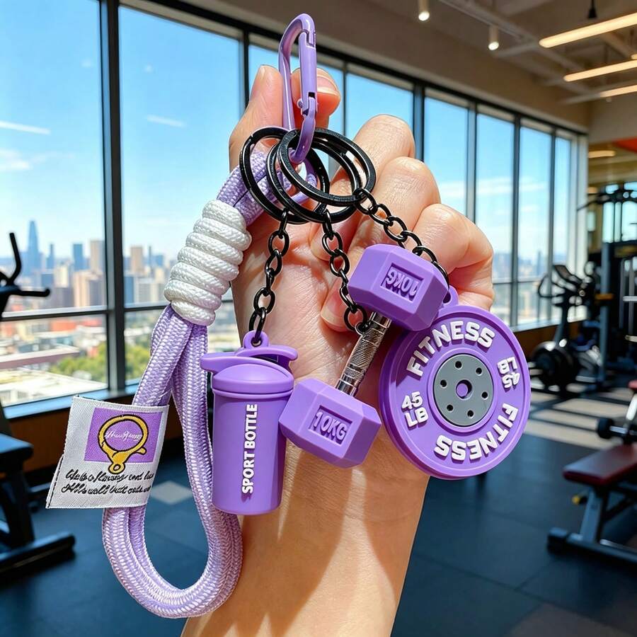 1 Set Personalized Sports Style Barbell Dumbbell Plate Keychain, Hand-Woven Fitness Keychain Set, Fashionable Versatile Fitness Kettlebell Backpack Charm With Woven Rope, Barbell, Dumbbell, Kettlebell Keychain, Unisex