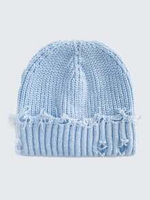1pc Unisex Solid Color Street Style Distressed Knit Beanie Hat, Warm Outdoor Fashion Streetwear Couple Student Knitted Hat For Autumn/Winter, Suitable For Daily Wear - Multicolor - View 6