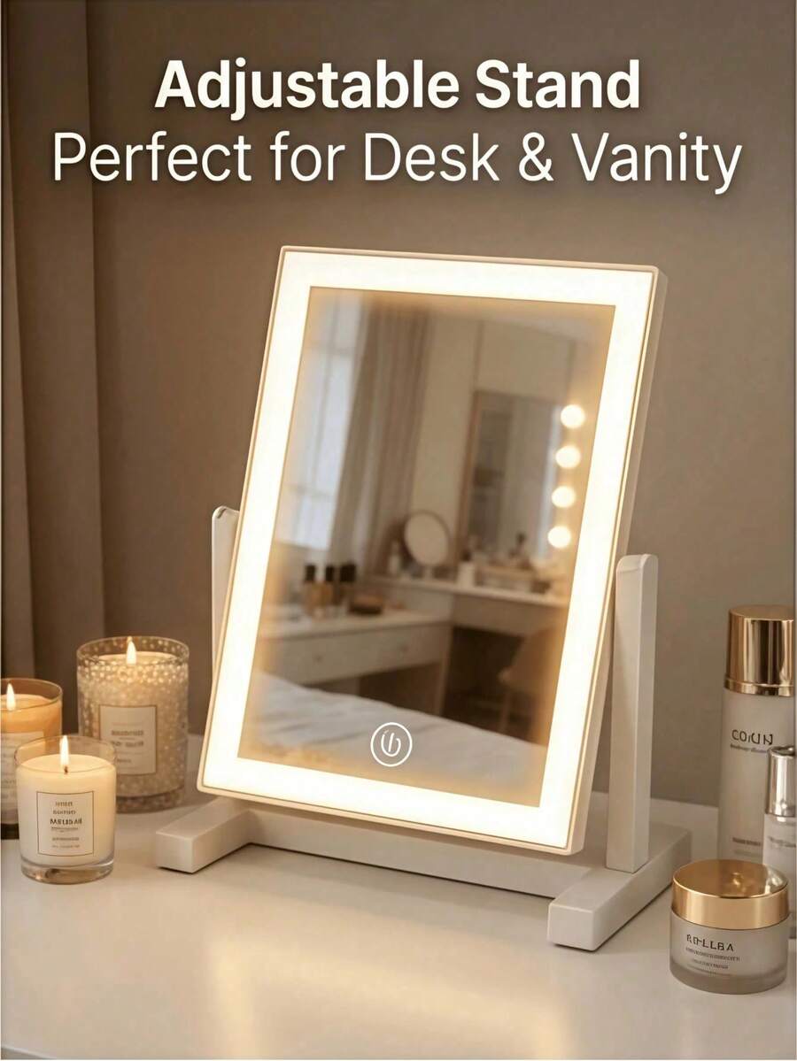 1pc Portable LED Makeup Mirror With Touch Control, 3 Lighting Modes, Rechargeable Battery Powered, Adjustable Brightness - Stylish Design, Suitable For Travel, Vanity Stand, Plastic Material - Tabletop Mirror - View 1
