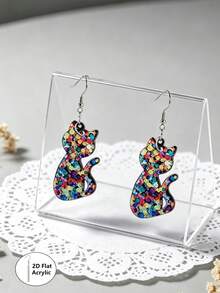 1Pair Colorful Glitter Black Cat 2D Flat Acrylic Dangle Earrings For Women Halloween Party Decor No Box. - Cat - View 4