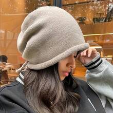 1pc Drawstring Lazy Knit Slouchy Beanie, Rolled Edge Solid Color Casual Warm Knit Hat, Elastic Band Loose Fit Knit Cap, Solid Color Ear Protection Street Fashion Warm Hat, Suitable For Daily Wear - Multicolor - View 1