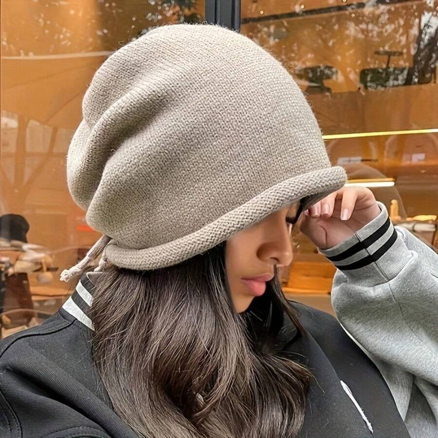 1pc Drawstring Lazy Knit Slouchy Beanie, Rolled Edge Solid Color Casual Warm Knit Hat, Elastic Band Loose Fit Knit Cap, Solid Color Ear Protection Street Fashion Warm Hat, Suitable For Daily Wear - Multicolor - View 1