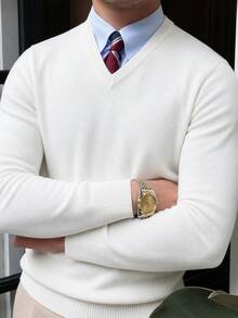 Men's Autumn/Winter Fashion Minimalist Solid Color V-Neck Long Sleeve Sweater - White - View 3