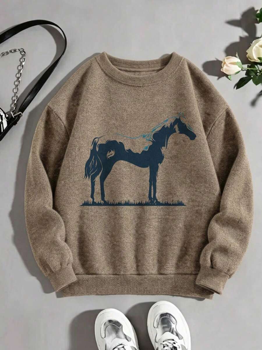 Women's Plus Size Sweater, Pony Print, Round Neck Long Sleeve Pullover, Comfortable Choice For Autumn/Winter. - Khaki - View 1