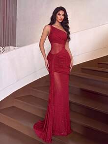 Gaun Malam Duyung Asimetris Satu Bahu yang Elegan, Korset Pas Badan Transparan, Rok Panjang Berkerut, Hiasan Berlian Imitasi, Cocok untuk Pernikahan, Makan Malam Formal, Pesta Dansa - Merah - View 4