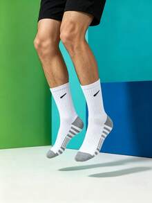 1/5/10/20 Pairs Men's Small Hook Pattern Mid-Calf Socks, Striped Sole Design, Simple Versatile, Comfortable Soft Sports Running Socks - Multicolor - View 4