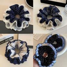 1pc Women's Deep Blue Lace Floral Embroidered Plaid Heart Soft High Elasticity Hair Scrunchie, Hair Accessory Hair Tie Hair Rope, Suitable For Daily Wear - Multicolor - View 9