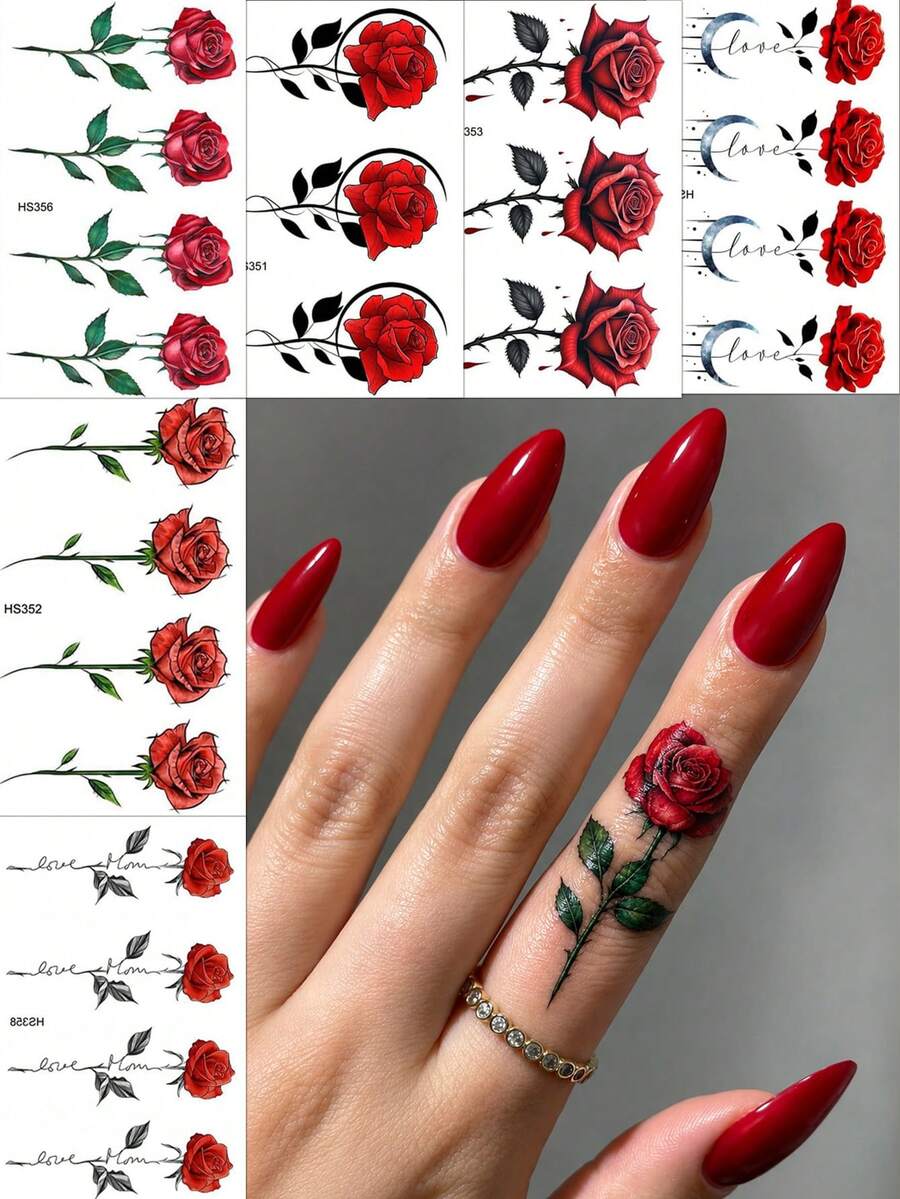 6pcs Waterproof Mandala Temporary Tattoo Stickers, Suitable For Fingers, Palms, Valentine's Day, Rose Pattern, Waterproof, Realistic, Floral Design, Rose Flower Pattern DIY Finger, Ear, Shoulder, Neck, Collarbone Fine Line Lasting 3-5 Weeks, Women's Tattoo Stickers - Black - View 1