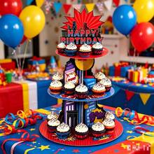 Rak Cupcake 3 Tingkat Bertema Superhero Kartun, Menara Pajangan Bertema Kota dengan Tulisan Selamat Ulang Tahun, Cocok untuk Dekorasi Meja Pesta Ulang Tahun Bertema Komik - MultiWarna - View 2