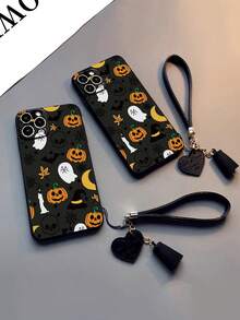1pc Halloween Painted Thick Anti-Drop Phone Case Shell Protective Cover With Additional Accessories New Leather Heart-Shaped Hand Strap DIY Phone Case Pendant Leather Rope Tassel Short Wrist Strap Charm Compatible With IPhone Compatible With Samsung Galaxy Compatible With Xiaomi 11/12Pro Compatible With Redmi - Multicolor - View 1