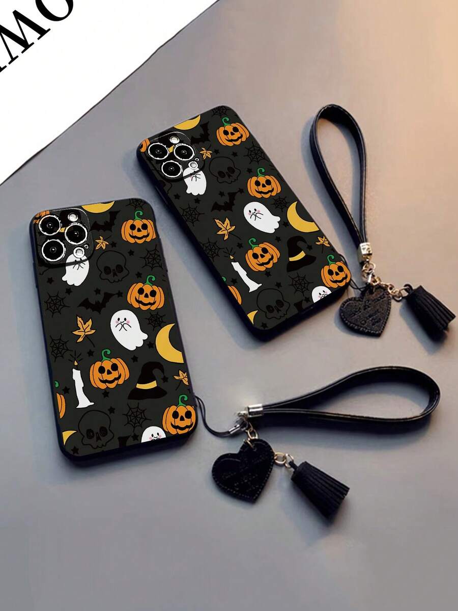 1pc Halloween Painted Thick Anti-Drop Phone Case Shell Protective Cover With Additional Accessories New Leather Heart-Shaped Hand Strap DIY Phone Case Pendant Leather Rope Tassel Short Wrist Strap Charm Compatible With IPhone Compatible With Samsung Galaxy Compatible With Xiaomi 11/12Pro Compatible With Redmi - Multicolor - View 1