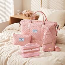 4‑Piece Quilted Travel Bag Set Weekender Duffle With Shoe Compartment Sling Backpack Cosmetic & Mesh Toiletry Pouch - Pink - View 4