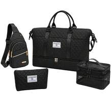 4‑Piece Quilted Travel Bag Set Weekender Duffle With Shoe Compartment Sling Backpack Cosmetic & Mesh Toiletry Pouch - Black - View 8