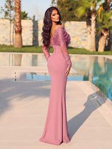 Faeriesty Gaun Mermaid Wanita Warna Pink dengan Leher Asimetris, Lengan Panjang, dan Detail Renda Kontras, Cocok untuk Acara Prom atau Formal - Dusty Pink - View 2