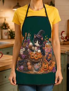 1pc Halloween Black Cat & Pumpkin Theme Apron, Suitable For Kitchen Daily Decoration, Exquisite Printed Design, Holiday Party Tableware Display, Baking Gathering Decoration, Halloween Autumn Decorative Supplies - Multicolor 2 - View 4