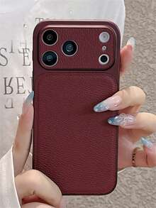Luxury Retro Lychee Pattern Matte Phone Case Compatible WIth IPhone 18 Pro Max 18 Pro 17 Pro Max 17 Pro 16 Pro Max 15 Pro Max 14 Pro Max 13 Pro Max 17 16 15 14 Pro Stylish Large Window Camera Lens Protect PU Leather Shockproof Bumper Soft Back Cover Simple Shell - Cherry Red - View 3