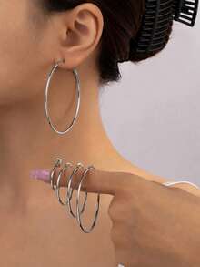 4 Pairs Minimalist European & American Style Metal Smooth Round Hoop Earrings Holiday Gift Chunky Hoop Earrings For Women Stainless Steel Large Hoops - Multicolor - View 2