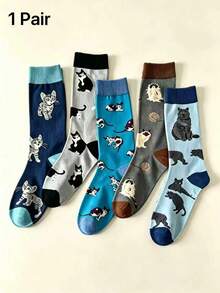 Men's Light Blue Cat Pattern Cotton Breathable Business Casual Versatile High Tube Socks - Multicolor - View 4