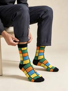 Men's Grey Patchwork Argyle Ribbed Cuff Cotton Sweat-Absorbent Breathable British Business Style Mid-Calf Socks For Office Commute - Multicolor - View 2