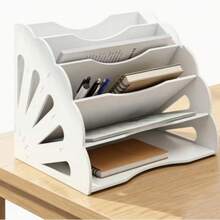 1pc Hollow Fan‑Shaped Cutout Plywood Desktop File Organizer, Multi‑Compartment Slant‑Stand Document Holder, For Office Study Desk Home Paper Book Storage Decor - White - View 3