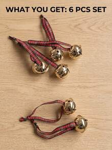 6pcs Christmas Bells, Gold Metal Bells With Red Plaid Ribbon, 3.7 Inch Large Crisp Sounding Bells Decoration, Suitable For Christmas Tree, Wreath, Gift Wrapping And Holiday Home Decor - Multiple Styles - View 7