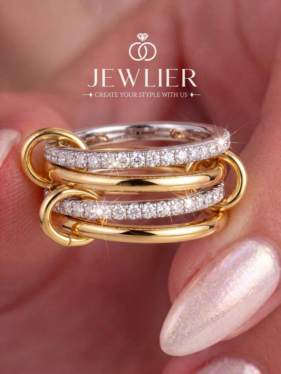 1pc Interlocking Ring With Inlaid Diamonds And Sparkling Cubic Zirconia, Unisex, Suitable For Daily Wear Or Party Accessory, High-Quality Exquisite Jewelry, Perfect Gift