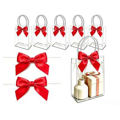 5/10 pcs Tas Hadiah Plastik Transparan dengan Pita Burgundy, Bahan PP yang Dapat Digunakan Kembali dengan Pegangan, Cocok untuk Bridal Shower, Natal, Pesta Ulang Tahun, Pernikahan, Baby Shower, Hari Ibu, Pesta Gender Reveal, Bisnis Kecil dan Acara Lainnya (Putih Gading)