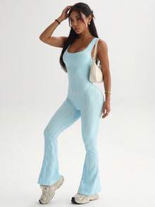 Women's Sleeveless Flare Leg Jumpsuit, Low Back Design, Elastic Zebra Print Long Leg Bodycon Jumpsuit, Slim Fit Casual One-Piece Set - Blue - View 6