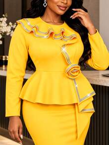 AOMEI Elegant Women Yellow Peplum Church Dress Long Sleeve Rhinestone Trim Layered Ruffle 3D Floral Bodycon Formal Party Wedding Guest Gown - Yellow - View 2