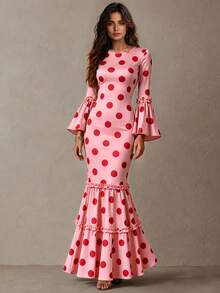 2026 Neues Polka Dot Meerjungfrau Kleid/Vintage elegantes Kleid/Formelles Anlasskleid langes Kleid mit langen Ärmeln/Trompetenärmeln, rundem Ausschnitt, mehrlagigem Rüschensaum, schmaler Passform, Hochzeitsgastkleid, Date-Abendkleid - Pink - Übersicht 4