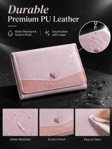 Women's Cute Small Wallet, Heart-Shaped Colorblock Short PU Leather Coin Purse (Light Pink & Light Purple) - Multicolor - View 7