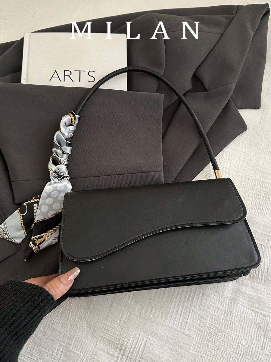 1 buah Tas Bahu Syal Sutra Elegan Minimalis Vintage dengan Penutup Asimetris Warna Polos - Hitam - View 1