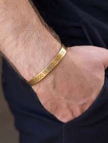 1pc Personalized Versatile Unisex Laser Engraved "GOD IS IN CONTROL" Stainless Steel Open Adjustable Faith Bracelet For Men And Women - Gold - View 3