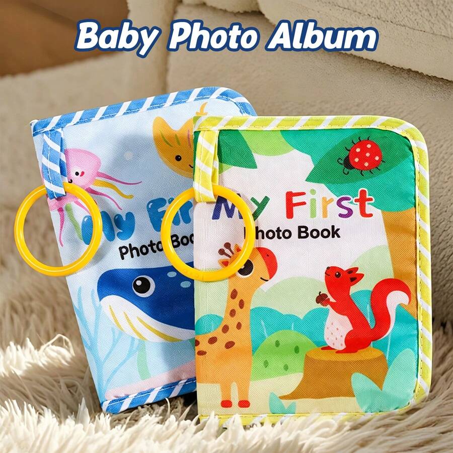 1pc Baby Cartoon Fabric Photo Album Growth Record Scrapbook With Built-In Mirror, Fits Multiple Photo Sizes, Interactive Gift With Hanging Ring For Storage And Display
