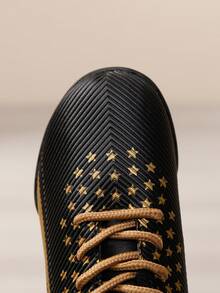 Black & Gold Star Print Kids Studded Soccer Shoes, Lace-Up Secure Fit, Anti-Slip Studded Outsole, Breathable Lining, Durable For Field Training And Matches - Black - View 3