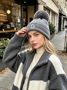 1pc Women's Pom‑Pom Decor Cuff Ribbed Knit Beanie Hat, A-Z Letter Applique Detail, Soft Warm Fall‑Winter Headwear, Fashion Fall Outfit Essential - Grey - View 2