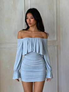 Women's Light Blue Off-Shoulder Long Sleeve Ruched Mini Dress - Blue - View 4