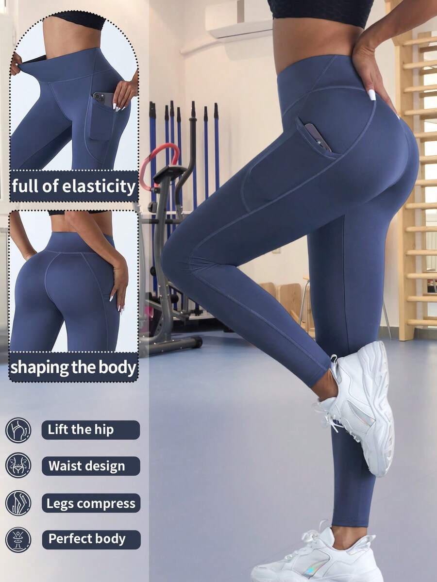 1PC Sports Yoga Leggings With 9-Inch Pocket Patchwork Design, Suitable For Fitness, Sports, Outdoor Walking - Dusty Blue - View 1