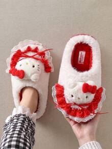 Hello Kitty Cartoon Cute Thick Sole Slippers Fluffy Bowknot Thermal Lined Comfortable Winter Slippers - Red - View 4