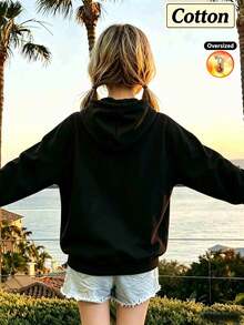 2026 Autumn/Winter Girls' Custom Loose Black Hooded Sweatshirt, Vintage Religious Style, Featuring Helmet, Shield, Sword Elements, And Letter Prints - Black - View 2