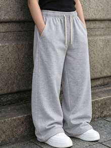 1pc Boys' New American Relaxed Style Wide Leg Sweatpants, Elastic Waist, Loose Drape Casual Long Pants, Spring/Autumn - Light Grey - View 1