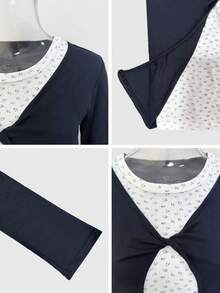 Korean Style Gentle Twist Front Blue & White Colorblock Floral Design Long Sleeve 2 In 1 Women's Autumn/Winter Top - Navy Blue - View 8