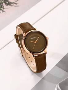 REBIRTH 1pc Women's Minimalist Round Dial Quartz Watch, Fashionable Elegant Wristwatch For Daily Commute Wear - Brown - View 2
