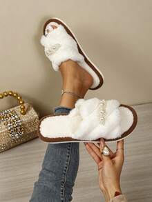 Autumn/Winter Fairy Plush Open Toe Slippers With Exquisite Pearl Decor, Indoor/Outdoor Fuzzy Shoes - White - View 5