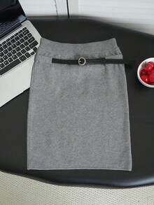 American Style Niche Design Asymmetric Buckle Belt Knit Bodycon Mini Skirt, Grey Elastic Tight Bodycon Skirt For Women - Grey - View 5