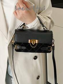 1pc Black Rhombus Quilted Mini Handbag, Vintage Gold Lock Chain Decor Top Handle Adjustable Strap Crossbody Shoulder Bag For Women - Black - View 7