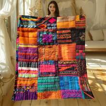 Bohemian Patchwork Printed Flannel Blanket, Soft Cozy Throw Blanket, Boho Autumn Home Decor - Multicolor - View 4
