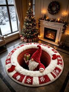 1pc Christmas 2D Flat Cartoon Gnome Elf Fireplace Living Room Round Rug, Visual Vortex Effect, Snowflake & Holly Plant Pattern Bathroom Door Mat, Seasonal Decorative Pad, Festive Design, Christmas Decoration, Perfect Christmas Gift, Perfect Match For Christmas And New Year Celebrations, Decorative Carpet, Bedroom Decor, Small Rug, Carpet, Home Decor - Multicolor - View 4