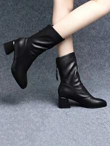 Women's Chunky Heel Mid-Calf Fashion Boots, Soft Leather Ruched Stacked Boots, Back Zipper, Autumn/Winter Commuter Ankle Boots - Black - View 2