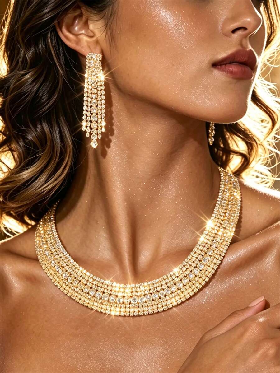 Super Shiny Fashionable Rhinestone Necklace And Earrings Set, Suitable For Wedding, Banquet, Date Accessories - Gold - View 1